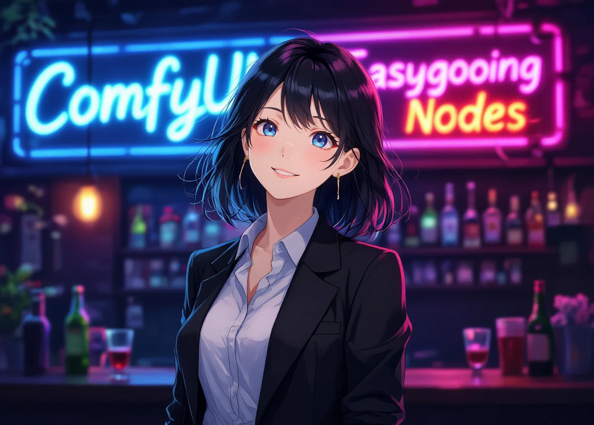 アニメスタイルの女性キャラクターが夜のバーで立っているイラスト。全体的に青みがかったオリジナル版。