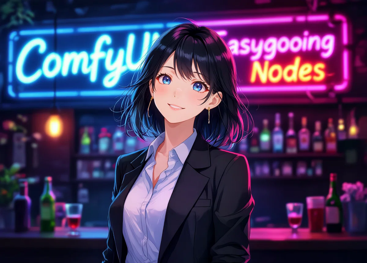 アニメスタイルの女性キャラクターが夜のバーで立っているイラスト。Super POP自動色補正適用版でくすみが除去され肌色が鮮明。