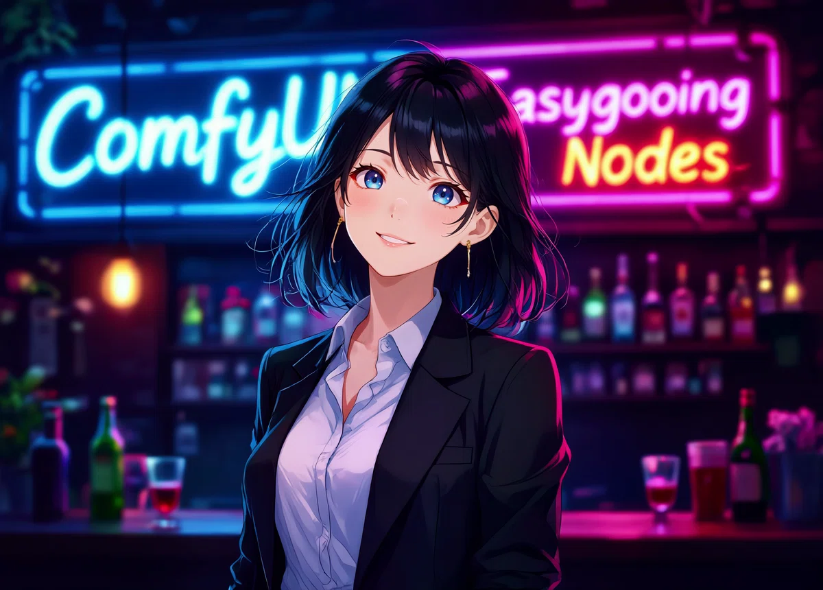 アニメスタイルの女性キャラクターが夜のバーで立っているイラスト。HDR Effects with LAB Adjust適用版で黄色みが軽減されコントラスト向上。