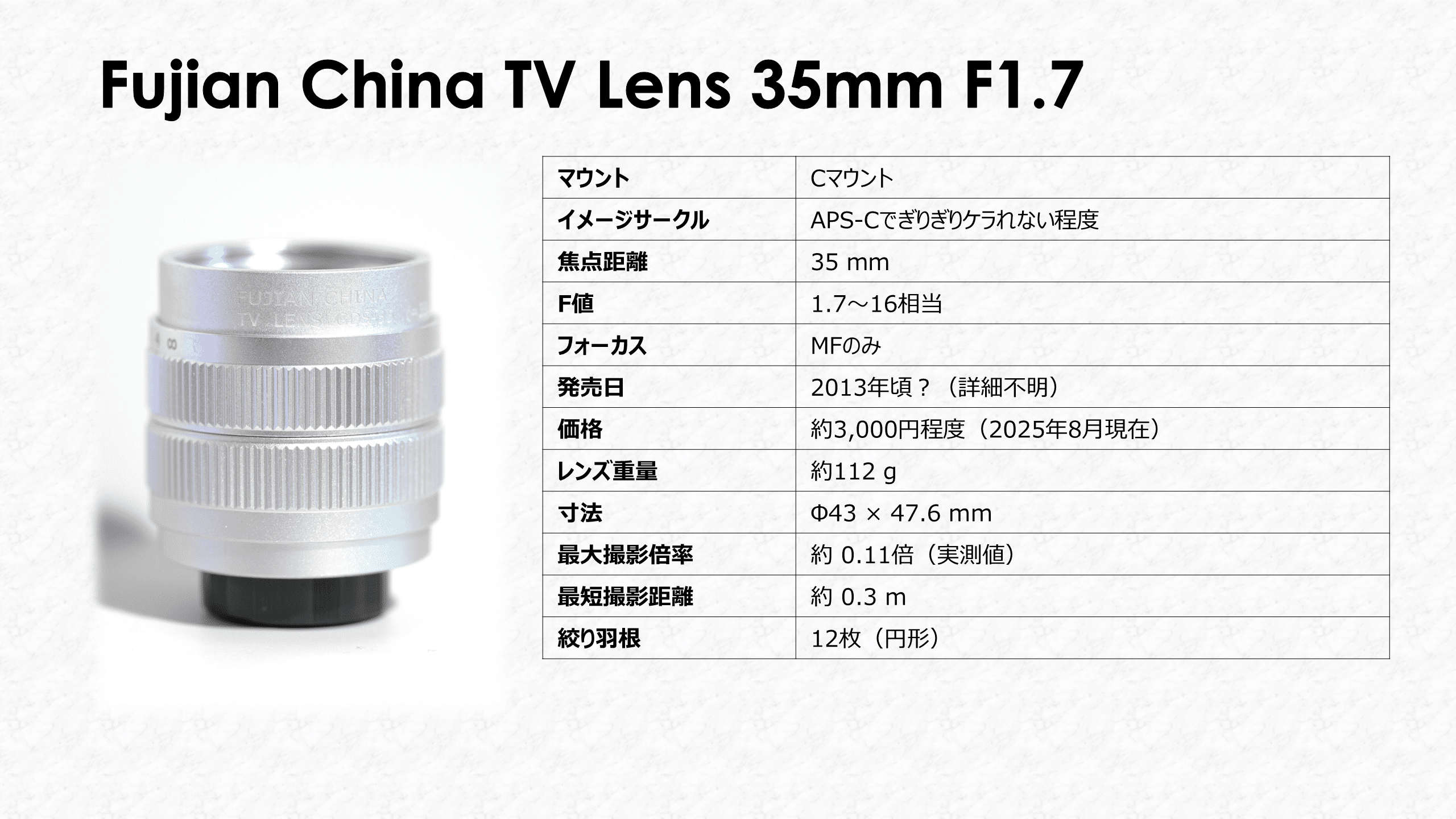 「Fujian（福建）」ブランドの「GDS-35」という型番のCCTVレンズ Lens Review】Fujian CCTV GDS-35 f=35mm 1:1.7｜Hiro