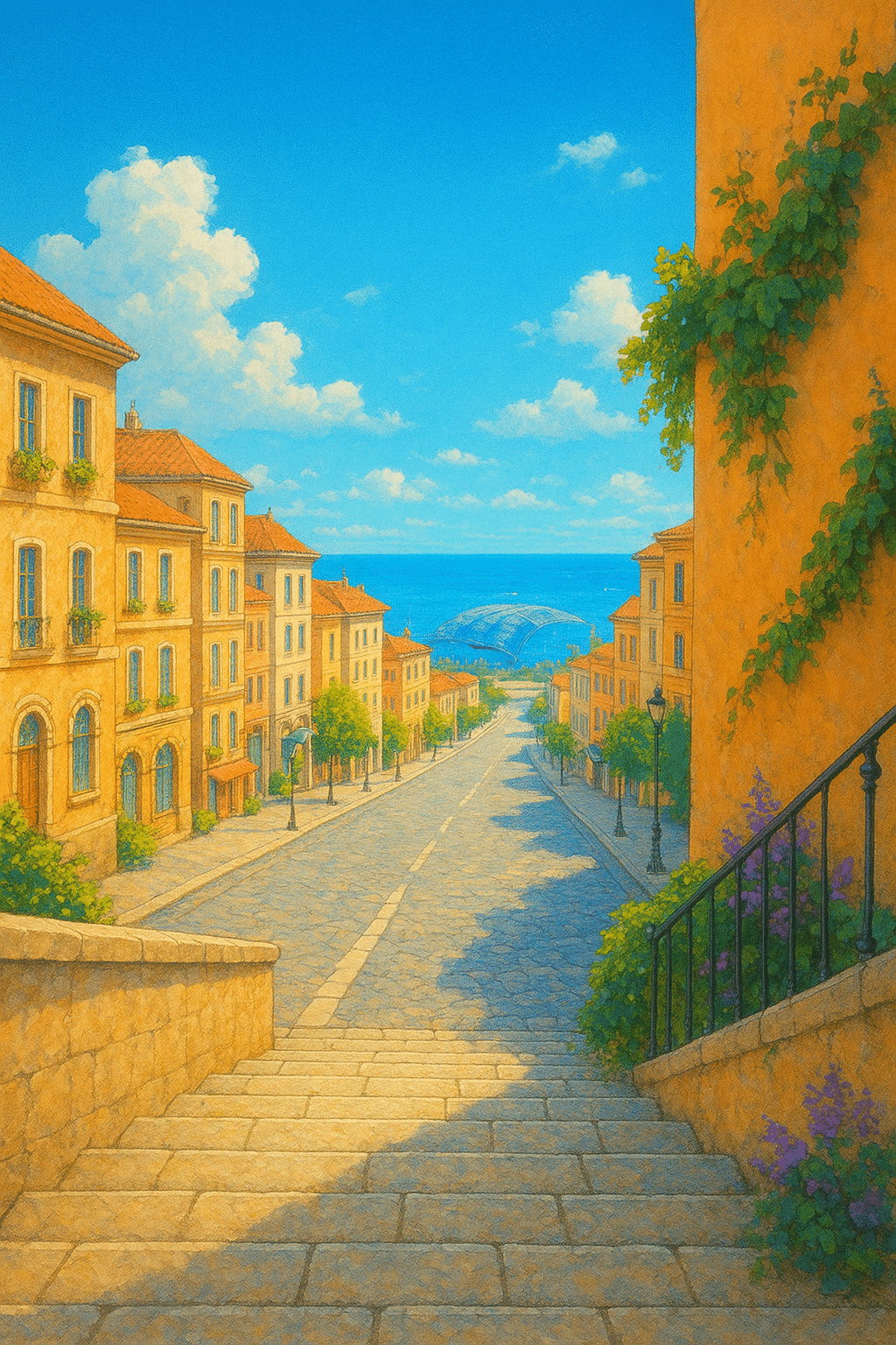 【画作】夢に出てきた風景 AI で見た夢の中の風景を描く：【その弍】バス停と階段とその先に