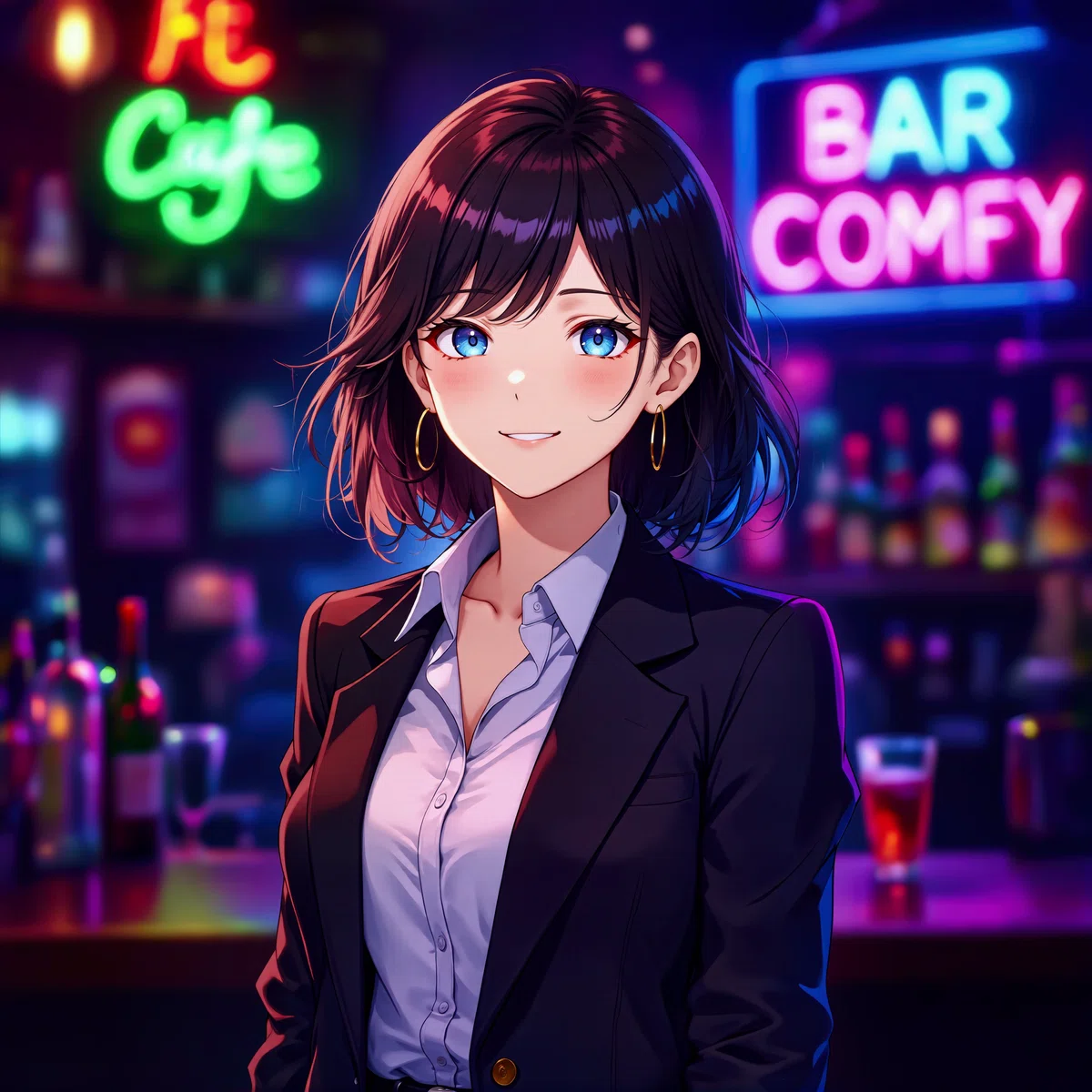 アニメスタイルの女性キャラクターが夜のバーで立っているイラスト。背景にネオンサインの「BAR COMFY」とボトルが並ぶ棚。