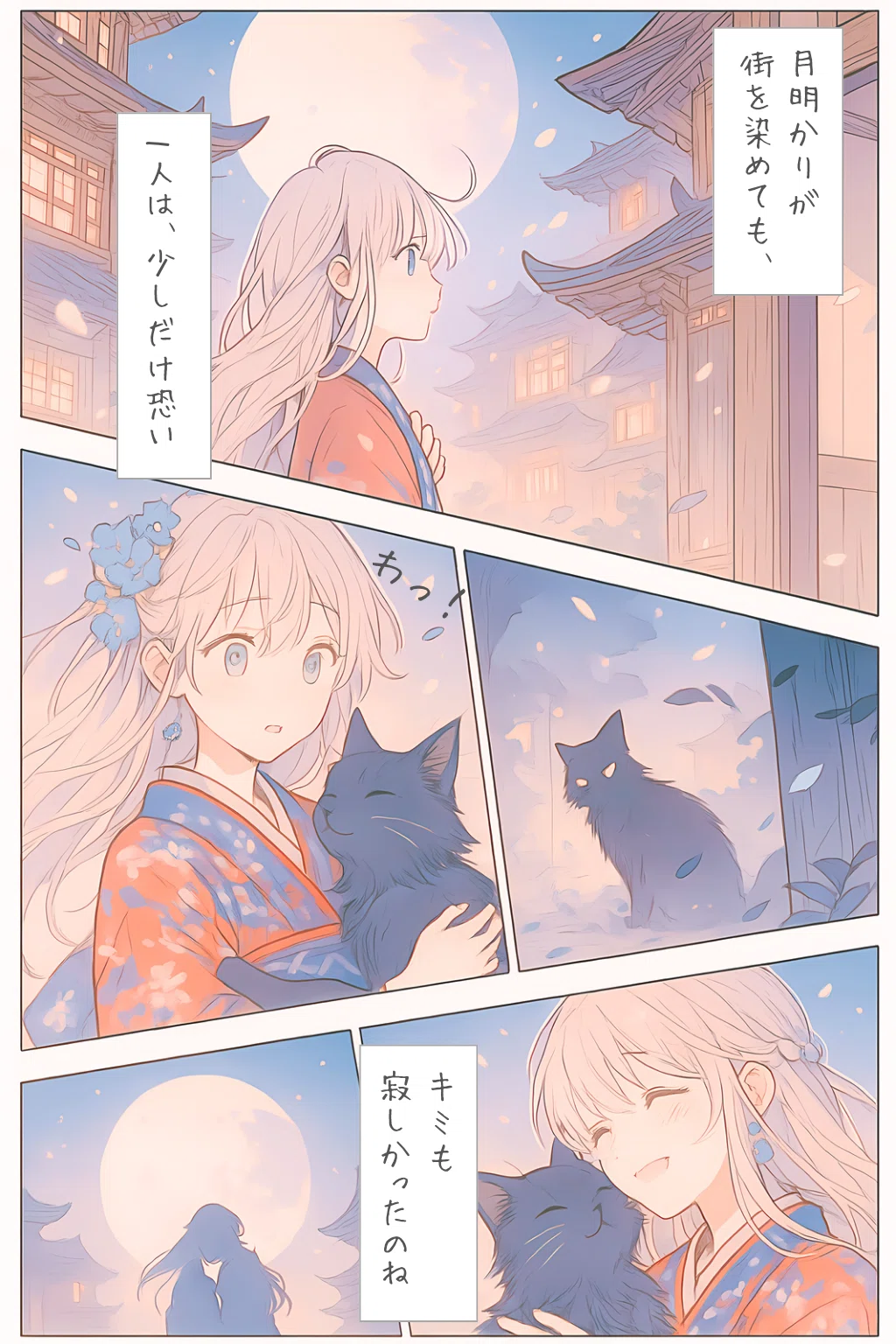 月明かりの下、黒猫との密会【画像生成AI＋4コマ漫画】｜Alpaka