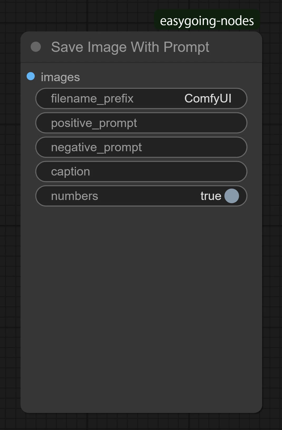 easygoing-nodesカテゴリのSave Image With PromptノードのUI。filename_prefix, positive_prompt, negative_prompt, caption, numbersの設定。