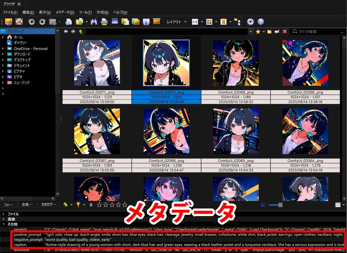 XnView MPソフトウェアのスクリーンショット。画像のサムネイル一覧と選択画像のメタデータ表示(positive_prompt, negative_prompt, caption)。