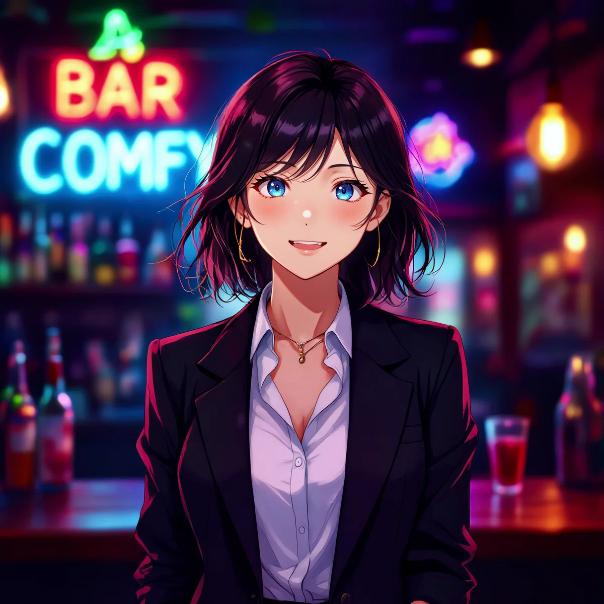 アニメスタイルの女性キャラクターが夜のバーで立っているイラスト。背景にネオンサインの「A BAR COMFY」とボトル棚。
