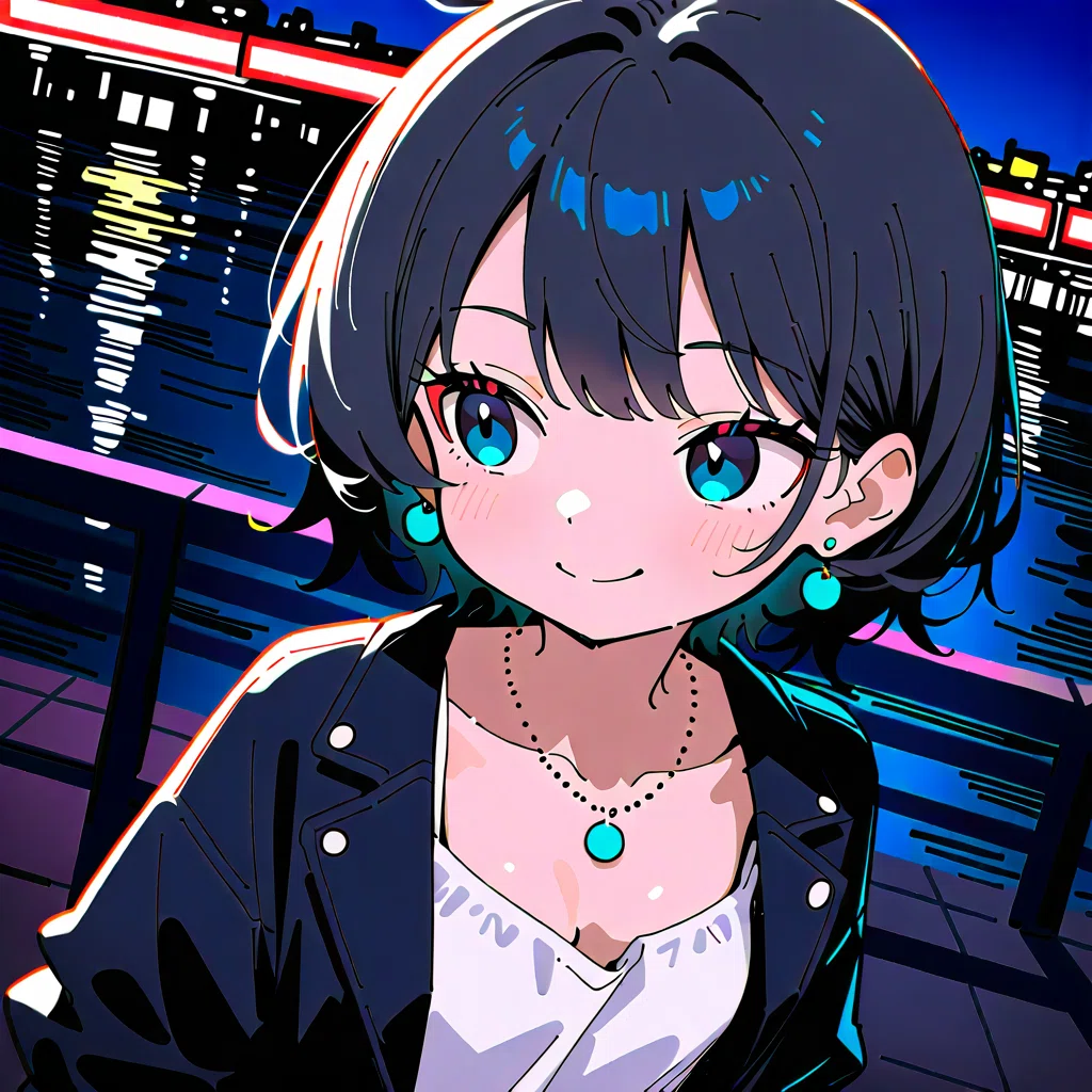 アニメスタイルの女性キャラクターが夜の港で立っているイラスト。背景にネオンライトの街並みと水面の反射。