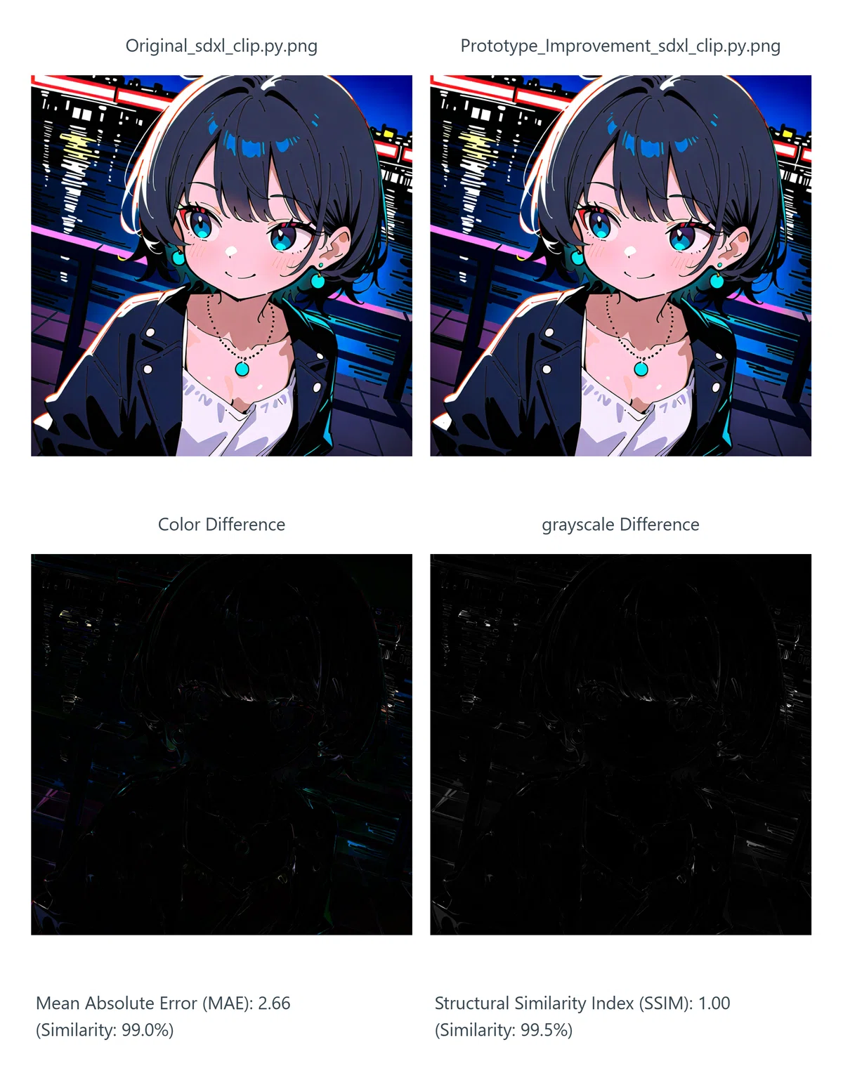 2つの画像の比較結果。OriginalとPrototypeの画像、Color DifferenceとGrayscale Differenceの差分画像、MAE:2.66 (99.0%)とSSIM:1.00 (99.5%)の数値が表示されている。