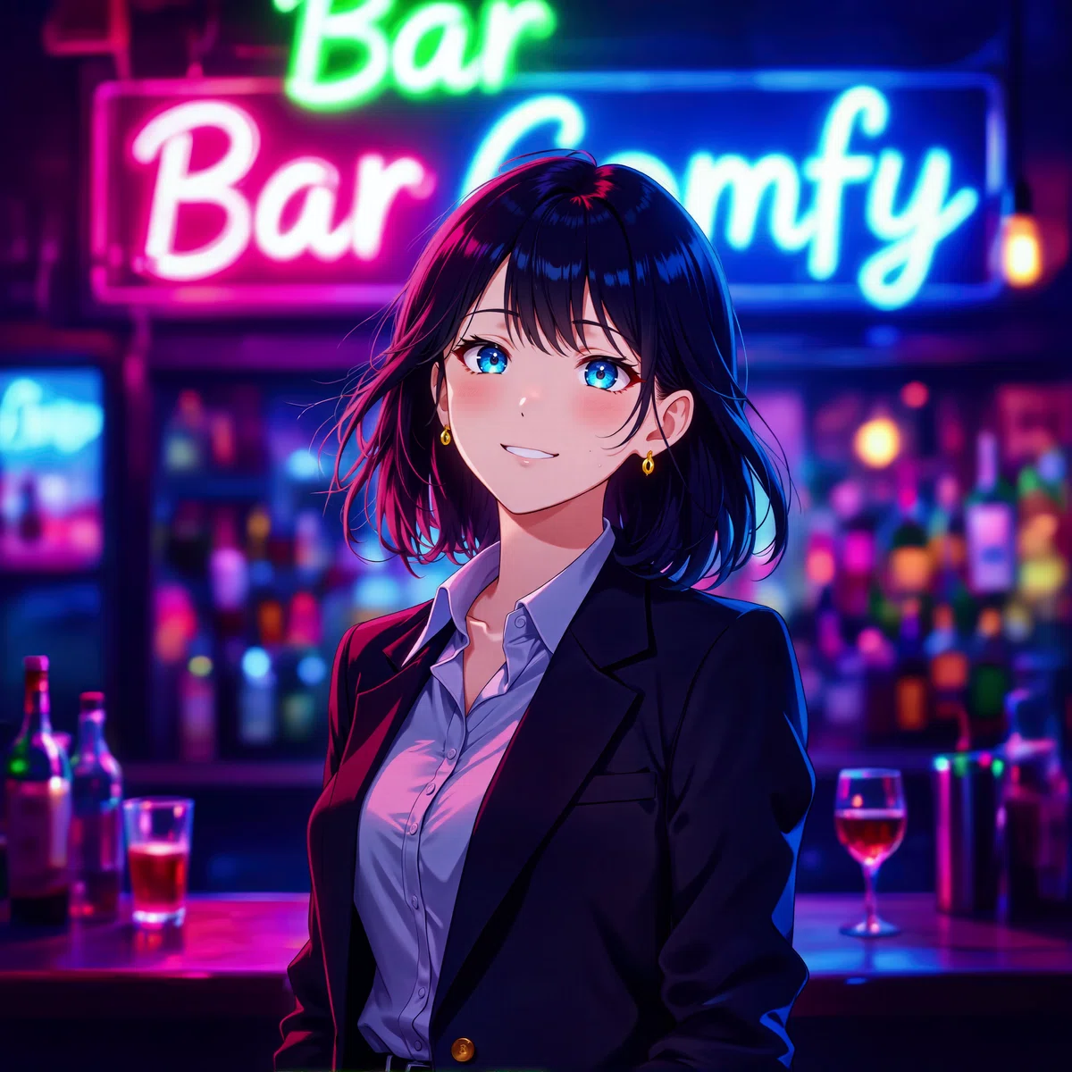 アニメスタイルの女性キャラクターが夜のバーで立っているイラスト。背景にネオンサインの「Bar Comfy」とボトル棚。