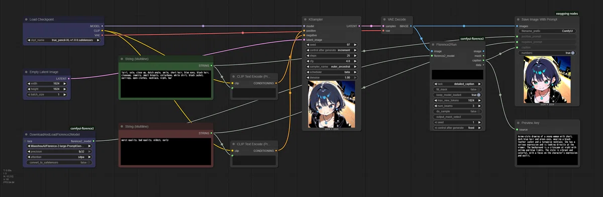 ComfyUIのワークフロー図。Save Image With Promptノードを含むサンプルフローと生成画像プレビュー。