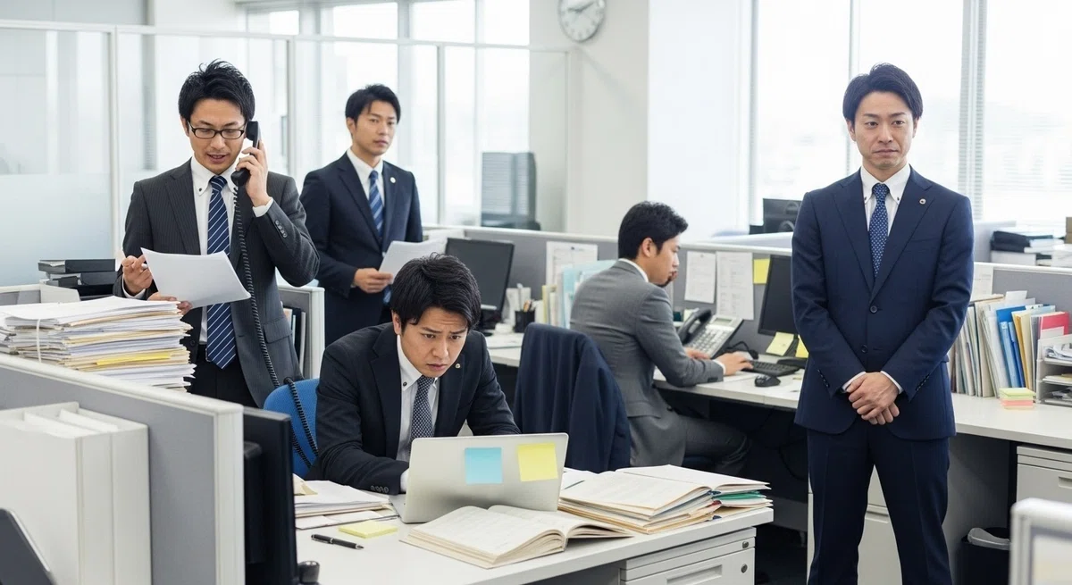 職場での『責任感が強い上司』『いつも忙しそうな上司』『コミュニケーションがやや不器用な上司』の3人が揃っているシーン。全員スーツ。性格に合った表情とポーズ。