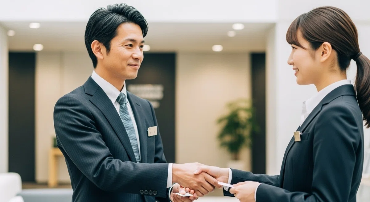 年の差のある上司と部下が、やや笑顔で握手・名刺交換している場面。信頼感や誠実さ、プロ意識を感じさせる雰囲気。