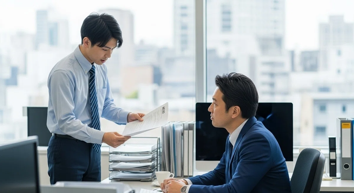 若手社員が、上司の机でメモを見せながら真剣に報告・連絡・相談をしているシーン。上司は耳を傾けている。結論ファーストや信頼構築を象徴。