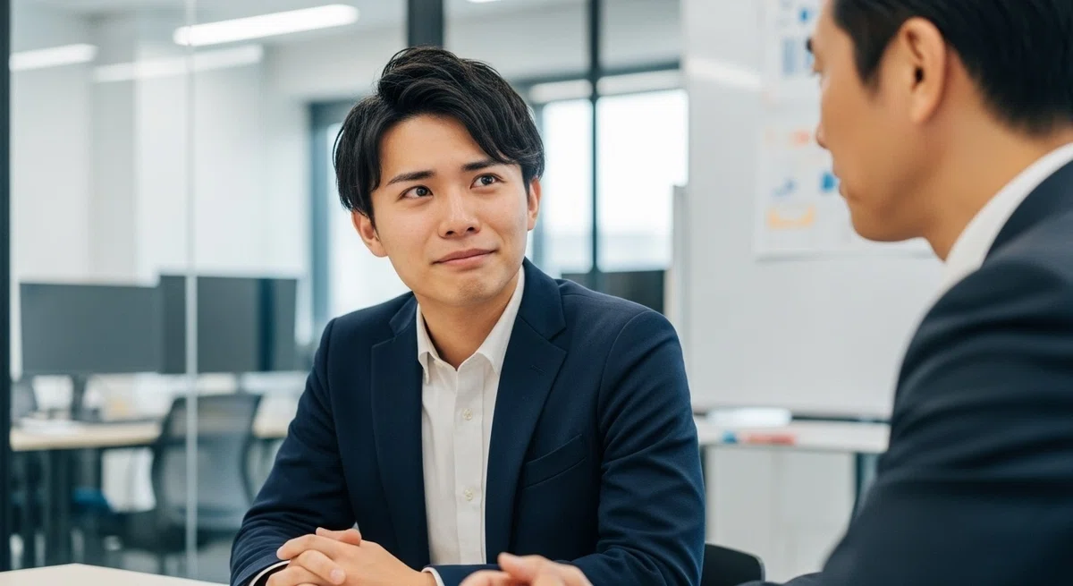 若手社員が厳しいアドバイスを受けて一瞬落ち込むが、前向きに感謝の表情を見せる様子。背景は会議室やオフィス。