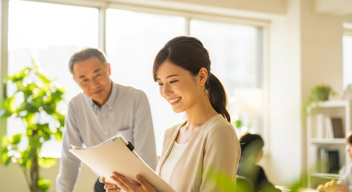 自信に満ちた若手社員が書類を手に、笑顔で仕事をする様子。職場の雰囲気は明るい。後ろに上司がうっすら見守っている。