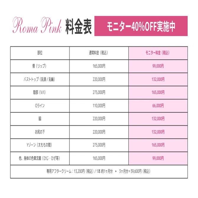 青森市】ローマピンクの料金｜モニター40%オフ実施中｜ルタンリッシュ