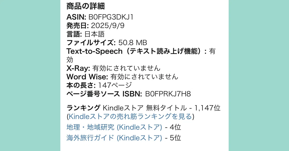 Amazonのランキング画面。前作『優しい国を、歩いてきた。』がカテゴリで地理・地域研究4位、海外旅行ガイド5位に表示されている。販売情報にはファイルサイズやページ数などが並び、着実に順位を伸ばしていることがわかる。