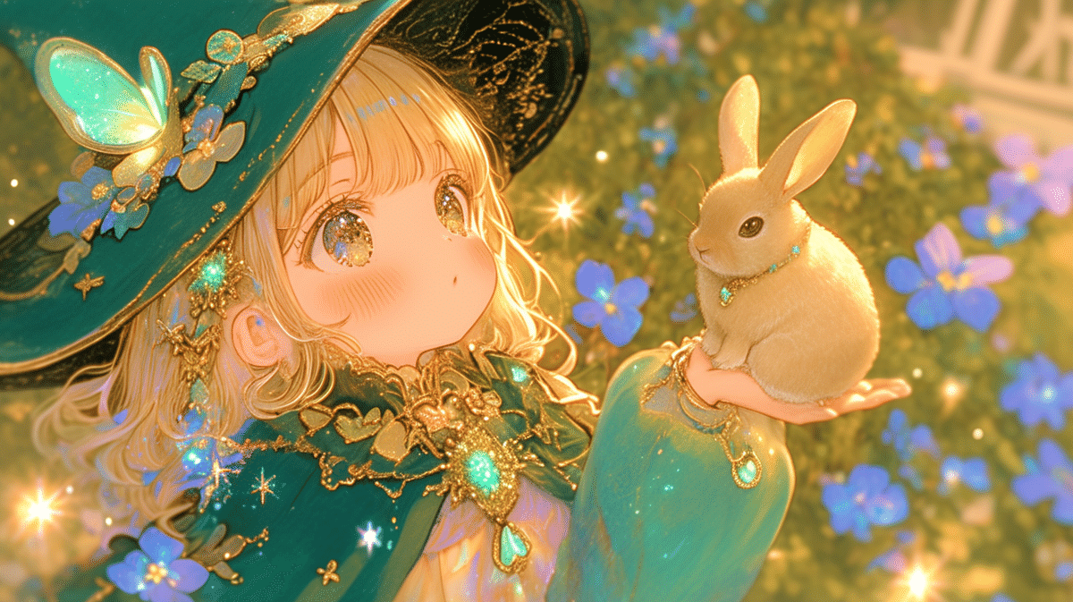 翡翠と美女の絵 ちび魔女イラスト20枚｜水彩・色鉛筆風イラスト（星と花とうさぎ