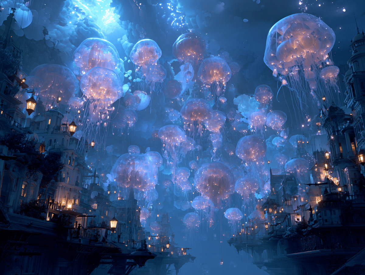 【原画のみ販売】クジラとクラゲ空の大冒険 海底都市をテーマに、僕好みのアニメ調プロンプトを紹介します