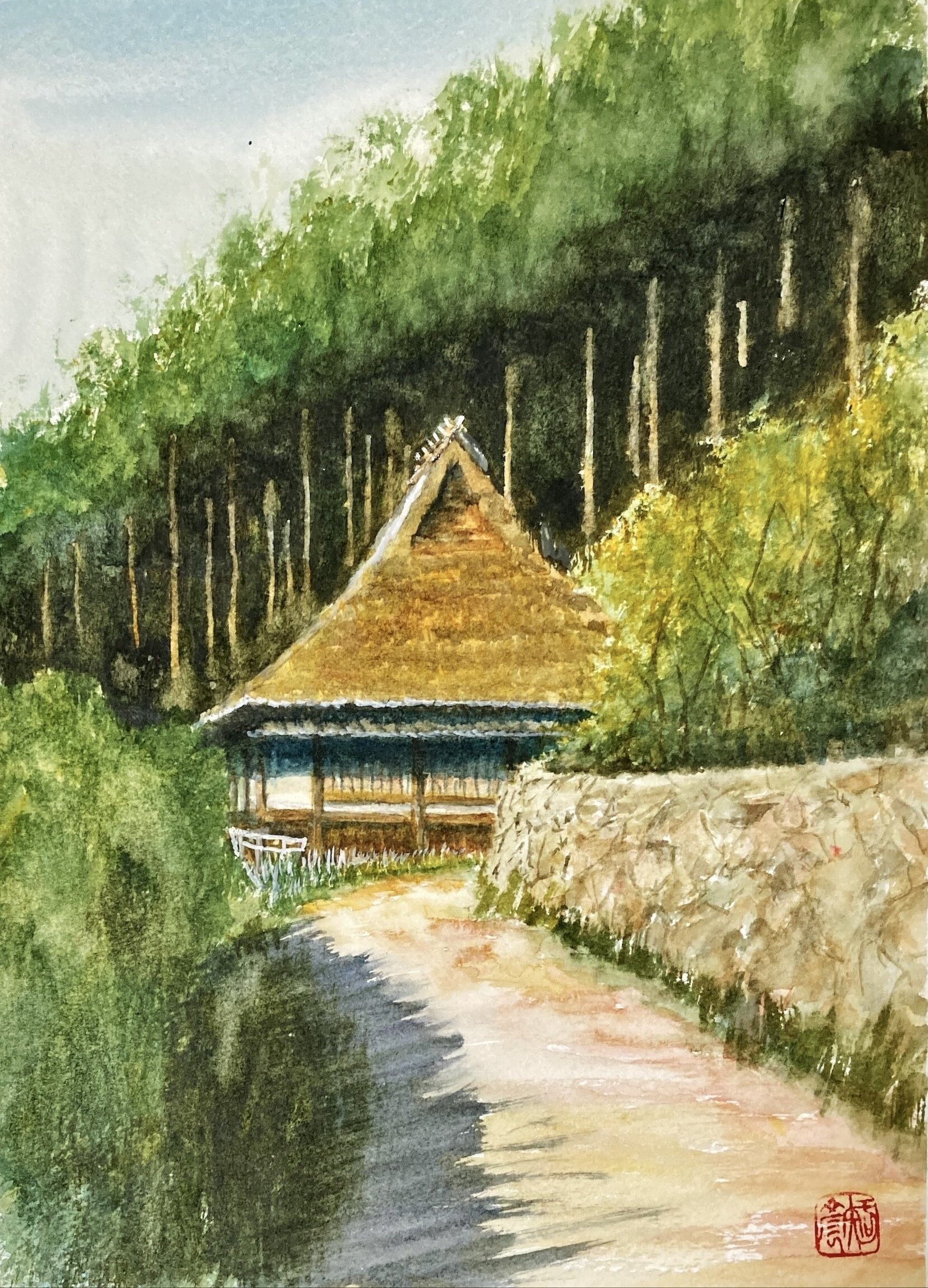 水彩画139】日本の文化財として保存してほしい、茅葺作り