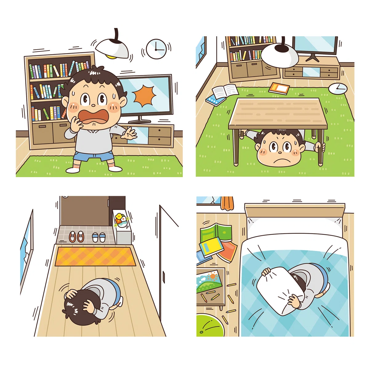 4〜6歳くらいの子供向け防災シールブック。コミカルにデフォルメされたかわいいイラストで、自然災害や防災知識などを楽しく学習することができます。イラストレーターいわたまさよし