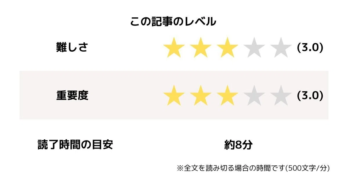 この記事のレベル難しさ3.0/5.0重要度3.0/5.0読了時間の目安約8分