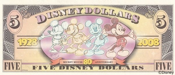 初めてのDダラー】ミッキー生誕80周年2008年版ディズニーダラーの紙幣