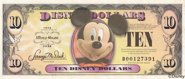 初めてのDダラー】ミッキー生誕80周年2008年版ディズニーダラーの紙幣