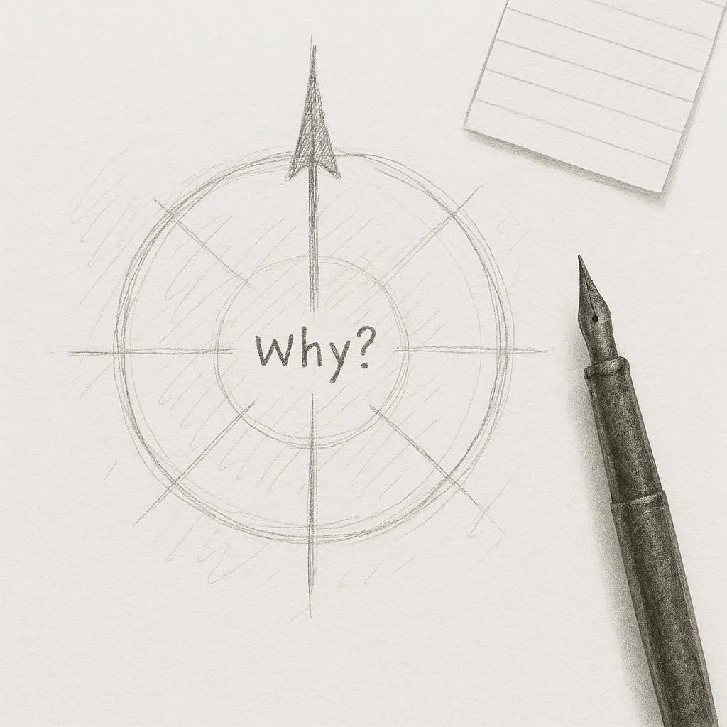 白い紙に、えんと、ペンがかいてある。えんの中心には、why?とかかれている。えんの中心から上に向かって矢印のひかれた、かきかけの方位のような図形