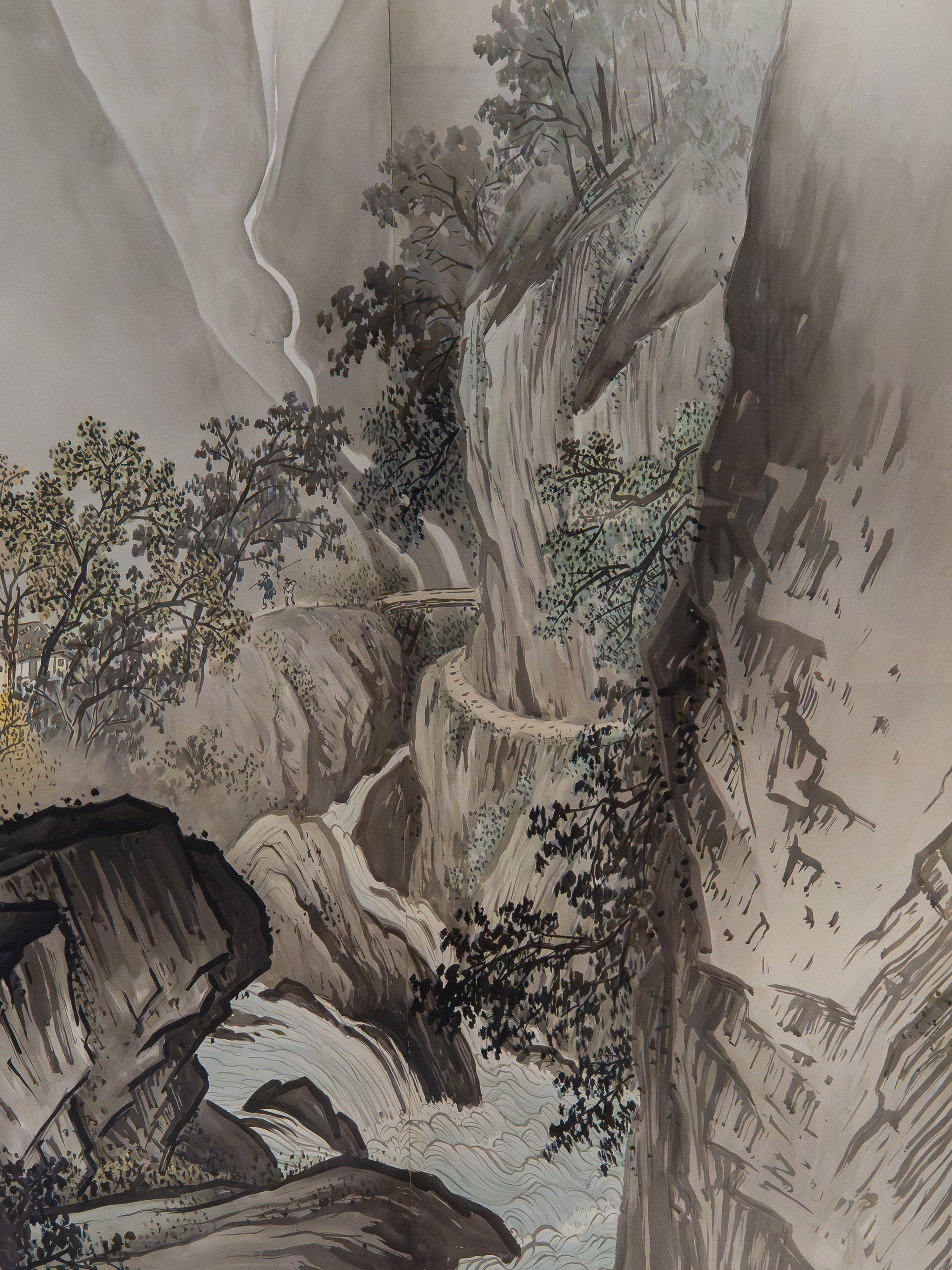 川合玉堂　　紙本水墨山水画【　山間の渓流　】　肉筆画　掛軸一幅　　軸先骨　285 川合玉堂 紙本水墨山水画【 山間の渓流 】 肉筆画 掛軸一幅 軸先