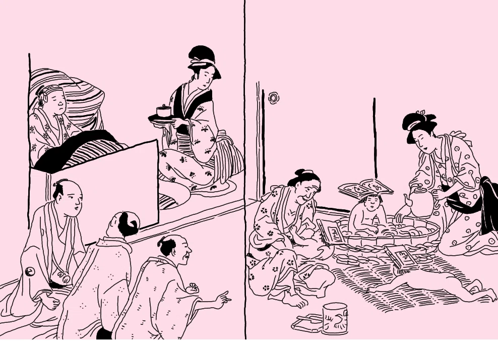 作者胎内十月図③～江戸の流行作家京伝のアイデアついに出産、ってなん