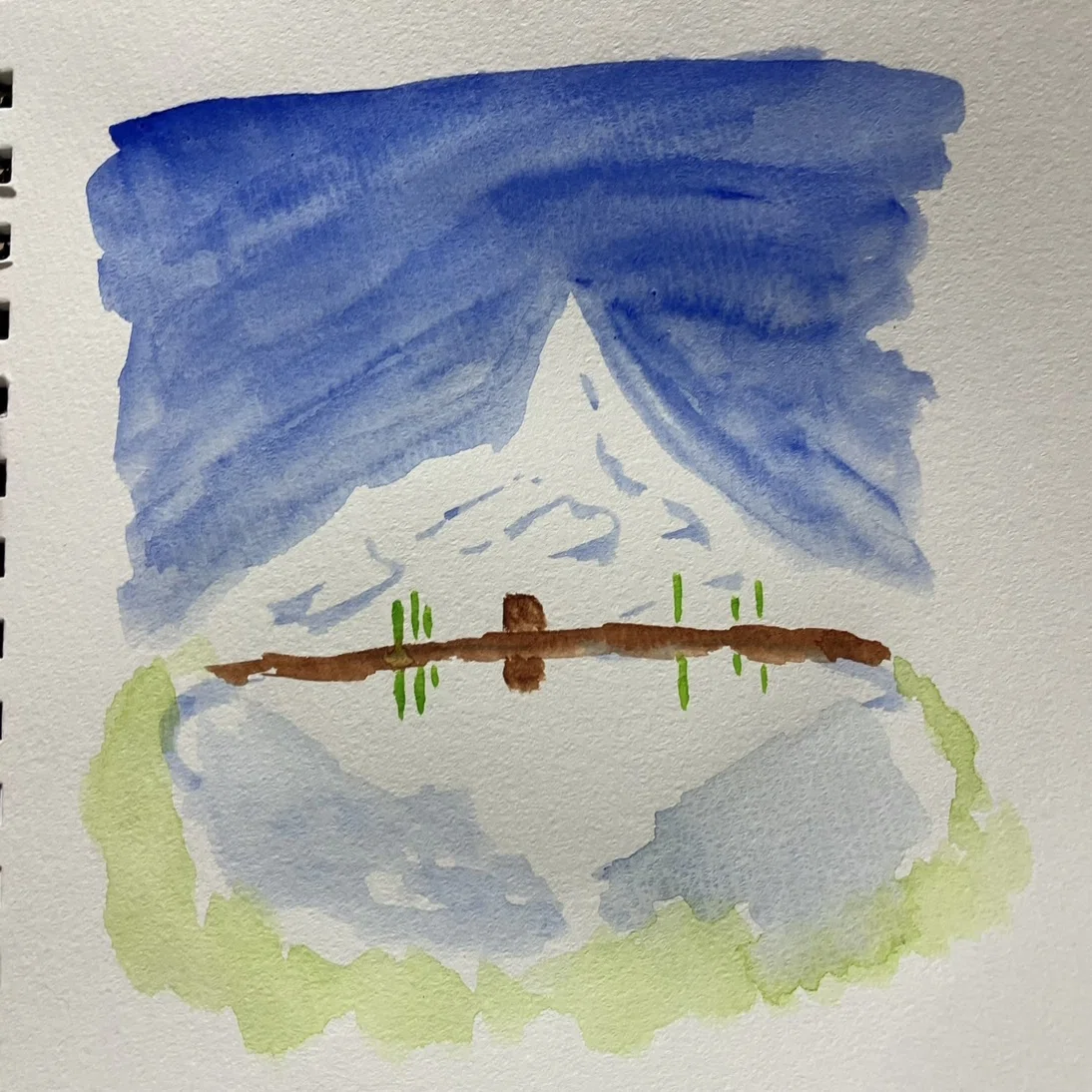 水彩画の風景 ボートと水面の反射 川の上のオーロラ - オリジナルの水彩画、湖の風景画、夜明け、山、森