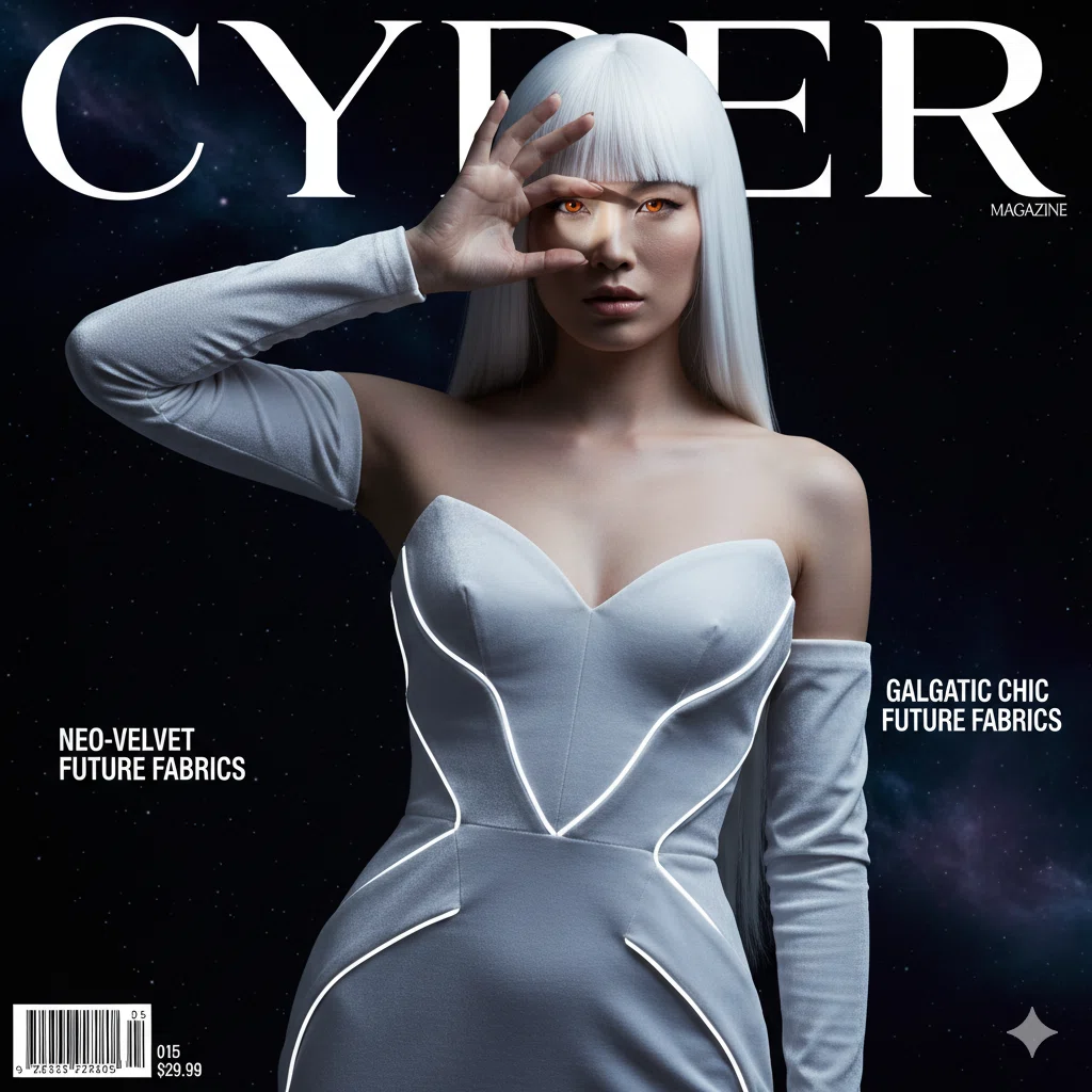 未来的なファッションをテーマにした雑誌「CYBER MAGAZINE」の表紙。白い髪の女性が宇宙を背景に立ち、白いドレスで片目を手で囲むポーズをとっている。