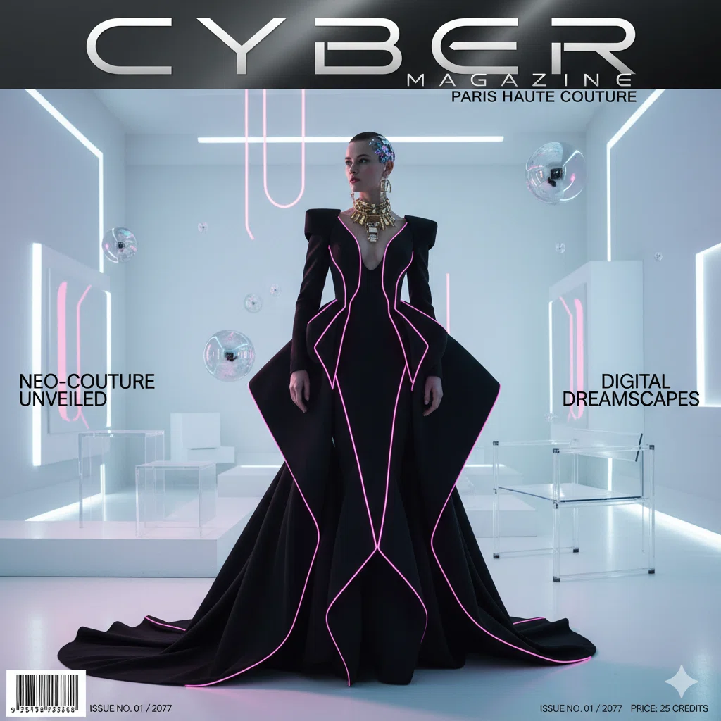 未来的なファッションをテーマにした雑誌「CYBER MAGAZINE」の表紙。黒のドレスを着た女性モデルがネオンピンクのラインをまとい、近未来的な室内で立っている。