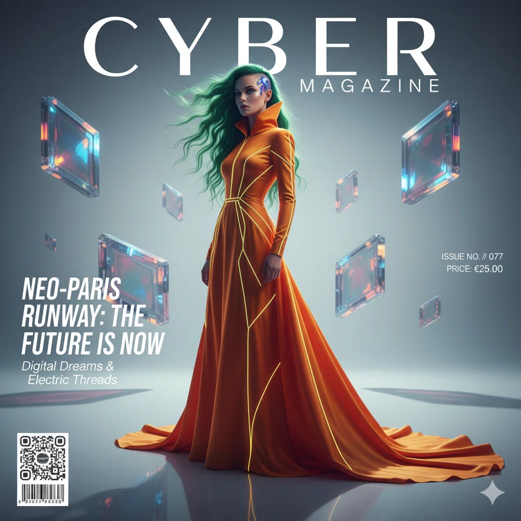 未来的なファッション雑誌「CYBER MAGAZINE」の表紙。緑の髪の女性モデルがオレンジ色のロングドレスを着て立ち、背景には浮遊する立方体が配置された近未来的な空間が広がっている。