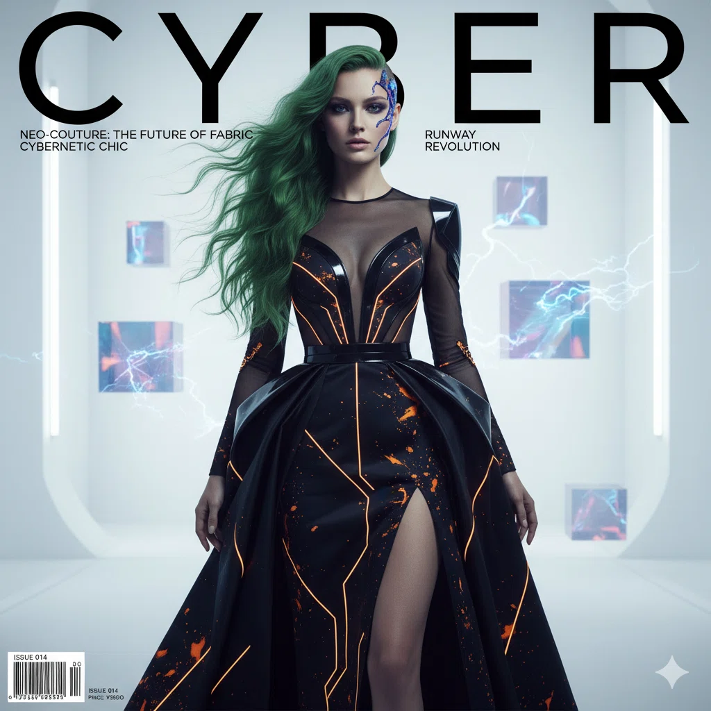 未来的なファッション雑誌「CYBER MAGAZINE」の表紙。緑の髪の女性モデルが黒いドレスを着て立ち、ドレスにはオレンジ色のサイバネティックな模様が光っている。背景は近未来的な室内で、電流やスクリーンが配置されている。