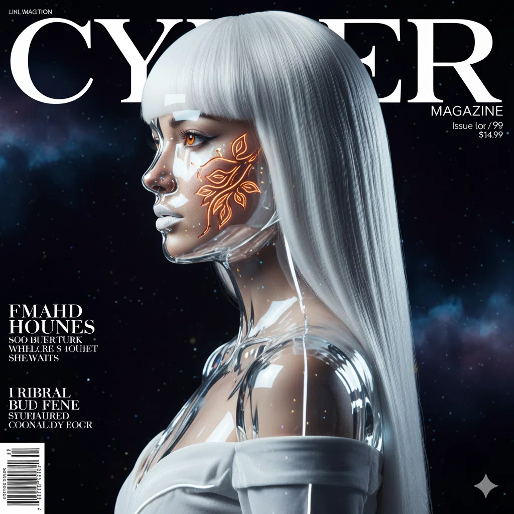 未来的な雑誌「CYBER MAGAZINE」の表紙。白い髪の女性モデルが横向きに立ち、顔に光るオレンジ色の模様を持ち、透明感のあるサイバネティックなボディを表現している。背景は宇宙空間。