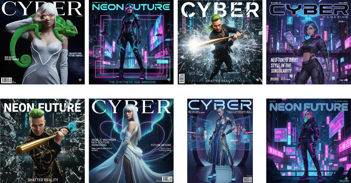 未来的なファッションやサイバーパンクをテーマにした雑誌「CYBER MAGAZINE」と「NEON FUTURE」の表紙を並べたコラージュ。白い髪や緑の髪の女性モデル、黒いドレスや未来的な衣装、サイバネティックな装飾、ネオン街の背景などが描かれている。