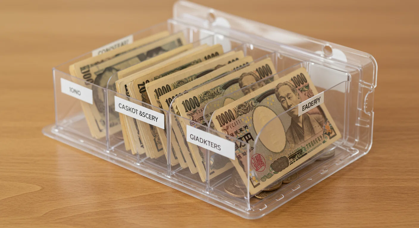 透明なポケット式家計管理ツールと現金