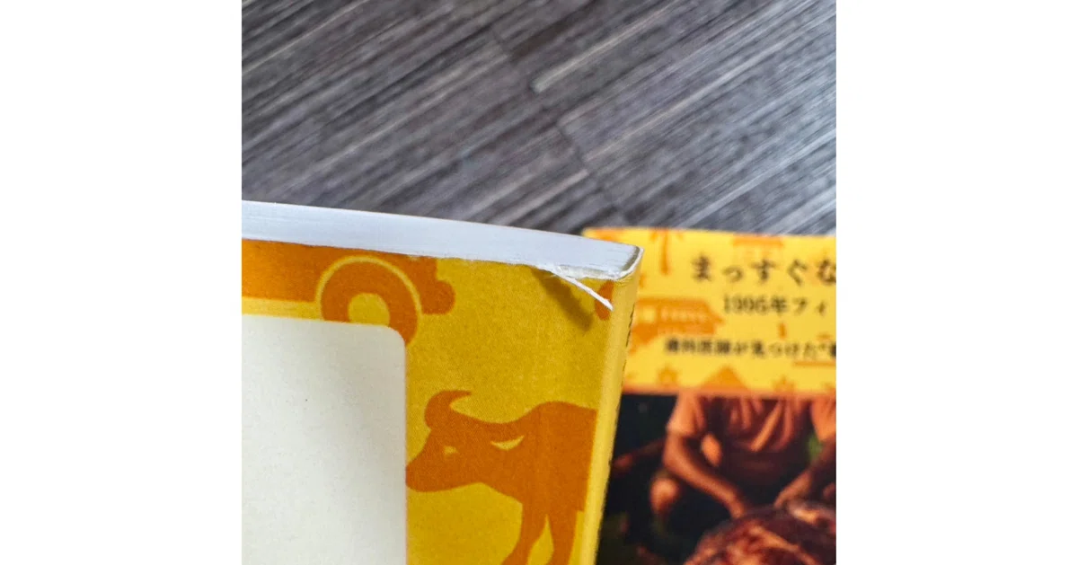 Amazonで注文した酒井先生のまっすぐ手記。裁断や梱包が甘く、表紙の端にギザギザや折れ跡が残っている実物写真。