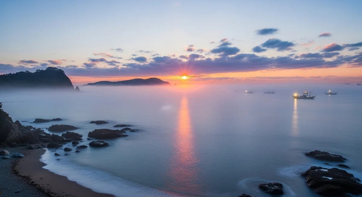 夜明けの静かな海岸線。立ち込めていた朝霧が晴れ始め、その向こうに穏やかな青い海と岬のシルエットが見えてくる、神々しい風景。