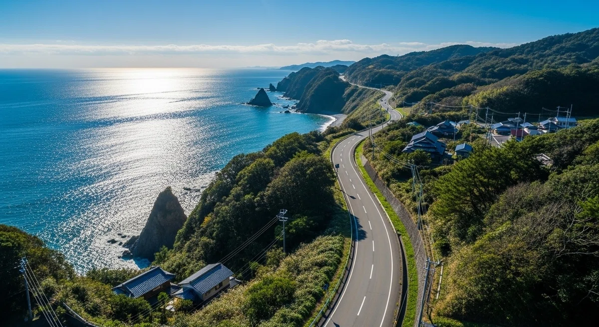 青く輝く広大な海を横目に、どこまでも続いていく海岸線の道路をドローンで撮影したような壮大な風景。