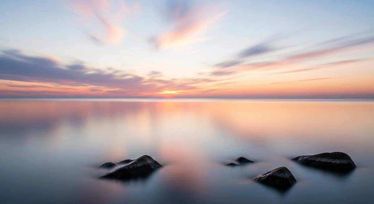 嵐が過ぎ去った後、風がぴたりと止み、海面が鏡のように空の色を映し出す「夕凪」の風景。