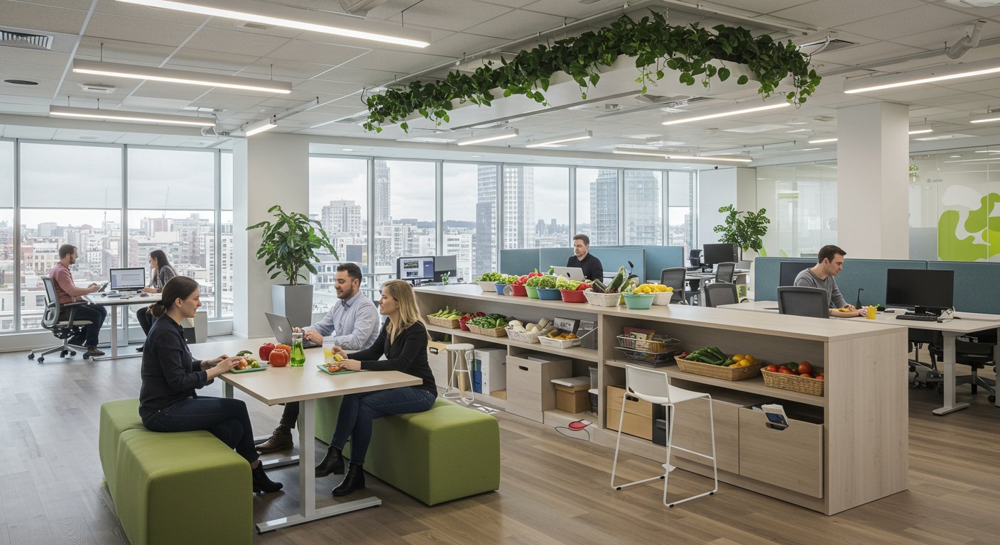 健康経営を実践するオフィス環境と野菜を摂取する従業員たち