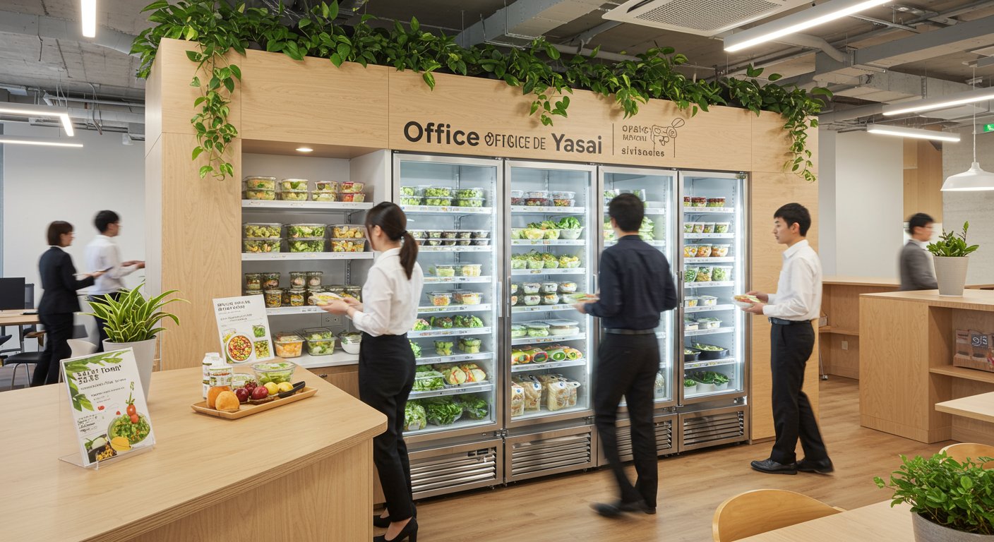 オフィスの休憩スペースに設置された野菜サービス用冷蔵庫と利用する社員たち