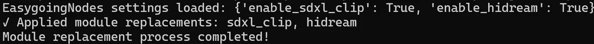 ComfyUI起動時のコンソールログ。comfy.sdxl_clip.pyとcomfy.text_encoders.hidream.pyの置き換え成功メッセージ。