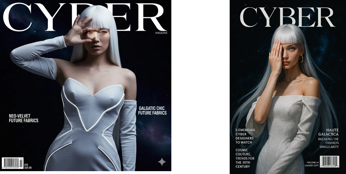 未来的なファッションをテーマにした雑誌「CYBER MAGAZINE」の表紙。白い髪の女性が宇宙を背景に立ち、白いドレスで片目を手で囲むポーズをとっている。