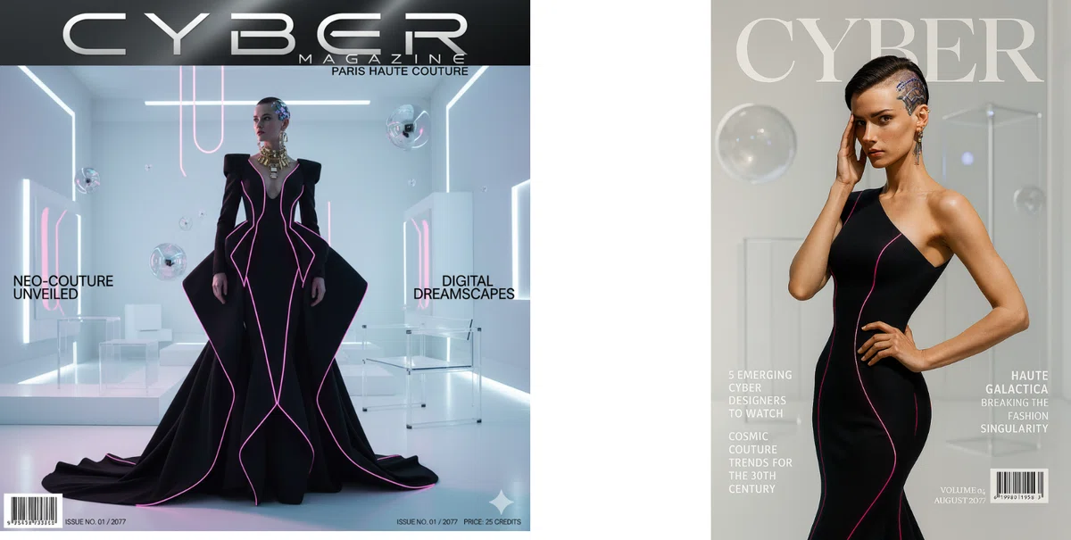 未来的なファッションをテーマにした雑誌「CYBER MAGAZINE」の表紙。黒のドレスを着た女性モデルがネオンピンクのラインをまとい、近未来的な室内で立っている。