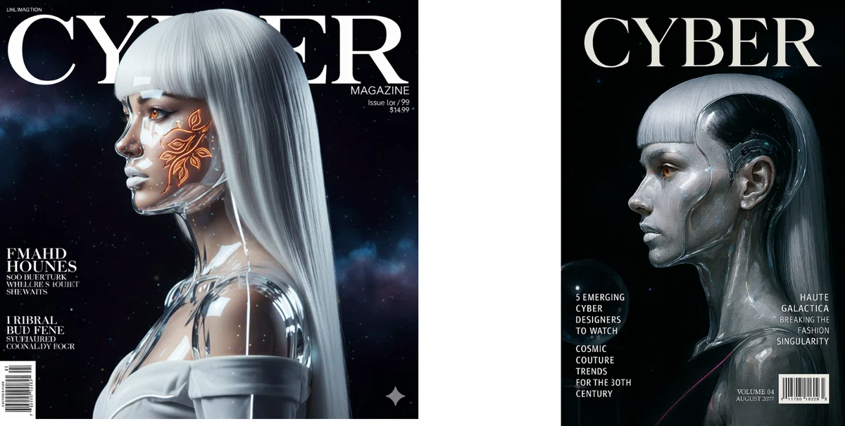 未来的な雑誌「CYBER MAGAZINE」の表紙。白い髪の女性モデルが横向きに立ち、顔に光るオレンジ色の模様を持ち、透明感のあるサイバネティックなボディを表現している。背景は宇宙空間。