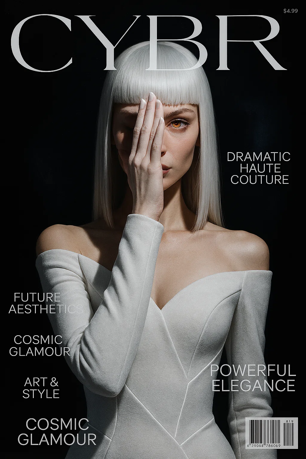 未来的なファッションをテーマにした雑誌「CYBER MAGAZINE」の表紙。白い髪の女性が宇宙を背景に立ち、白いドレスで片目を手で囲むポーズをとっている。